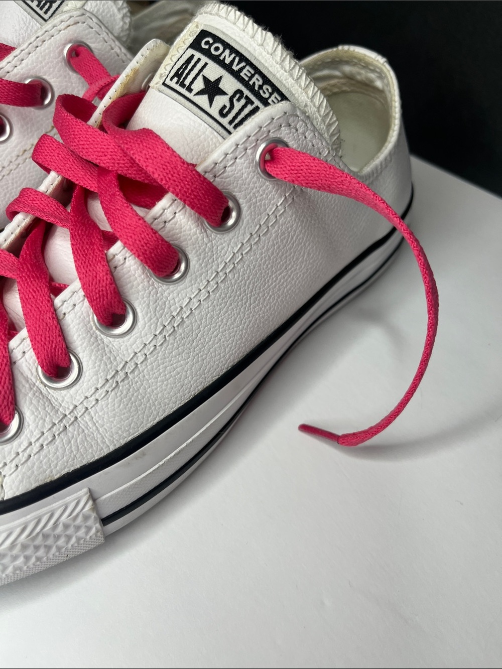 Leather Converse, White Low-Top with Bright Pink Laces - Picture 5 of 10